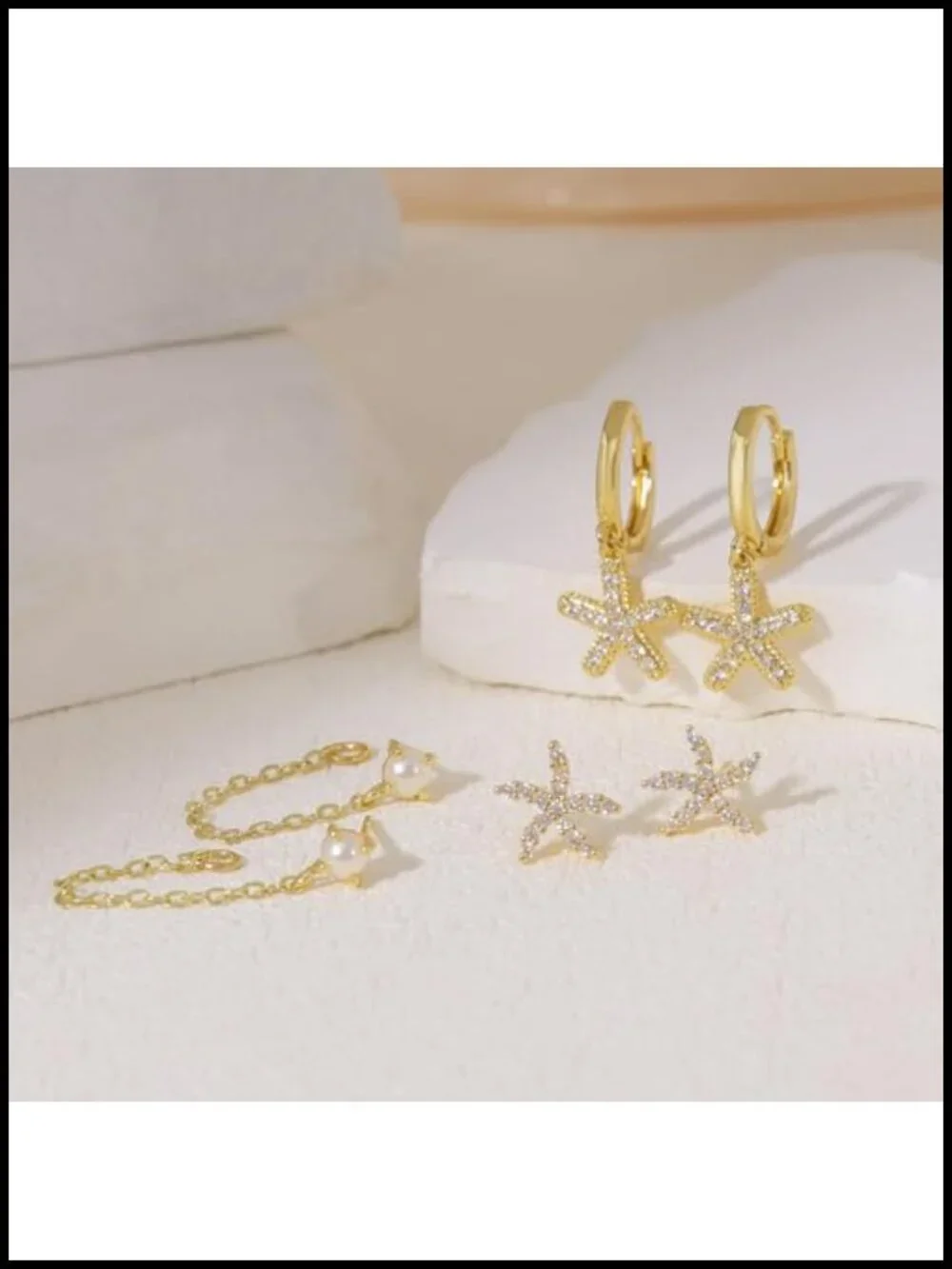 14K Gold Plated Earring Stack Set Starfish Dangle Pearl Huggie Hoop Women